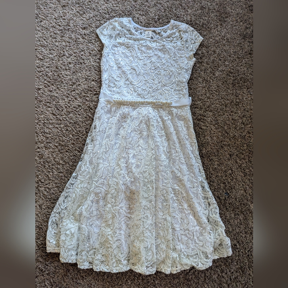 Cap Sleeve Floral Lace Glitter Pearl Holiday Party Flower Juniors, Small, White